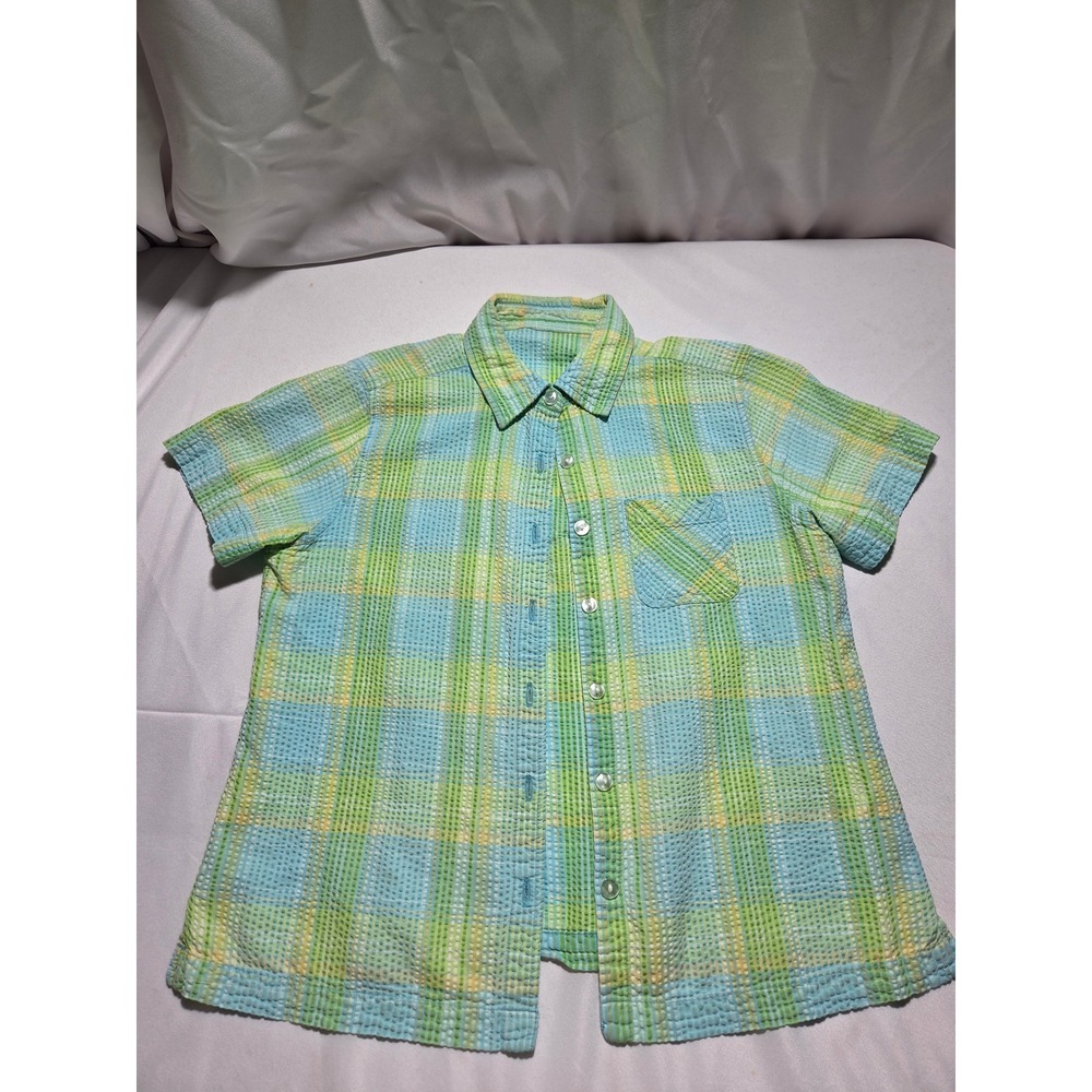 Vintage Vibe Seersucker Plaid Button Up Shirt Short Sleeve Green Blue Yellow S/M
